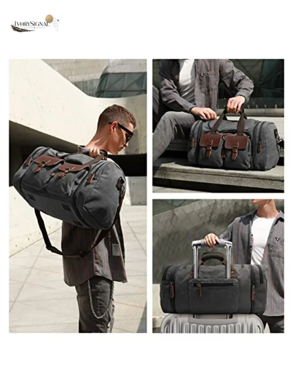 Canvas Leather Expandable 50L Travel Duffel Weekender Overnight Bag